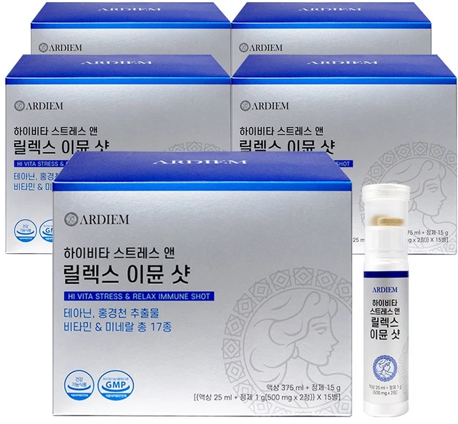 아르디엠 하이비타 스트레스 앤 릴렉스 올인원 이뮨 샷 25ml x 15병, 5개, 15회분 - 쿠팡