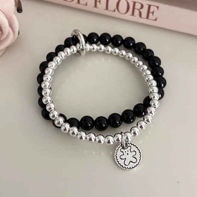 웰리나 오닉스 곰돌이 두줄 팔찌 여성팔찌 레이어드 팔찌