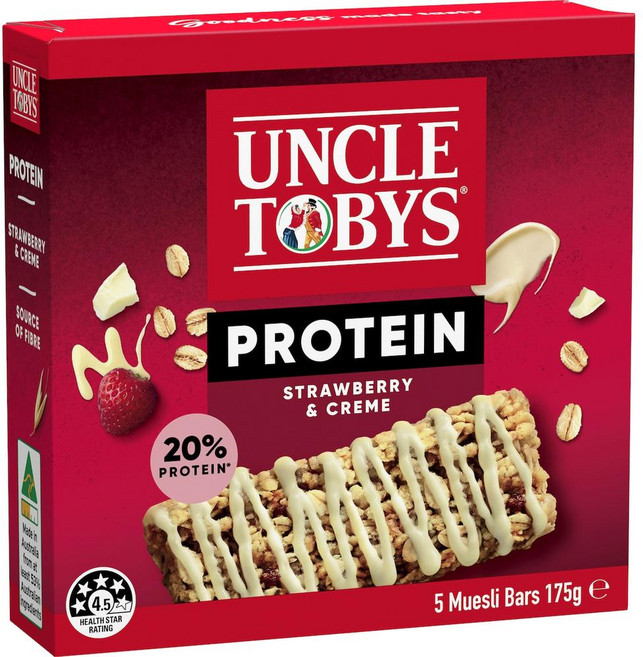 엉클토비스 Uncle Tobys Protein Strawberries & Creme Muesli Bars 프로틴 딸기 & 크림 뮤즐리 바 호주, 5개, 175g