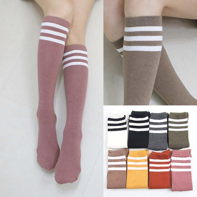 해피라운지 멜란지 컬러 3선 라인 니삭스 LY02