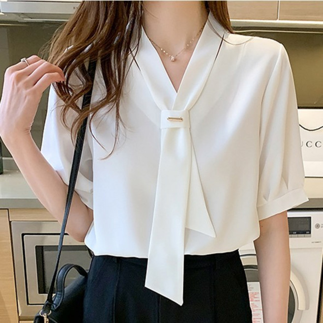 스타일아유 여름 브이넥 타이 비즈 반팔 블라우스 여자 상의 여름 오피스룩 셔츠