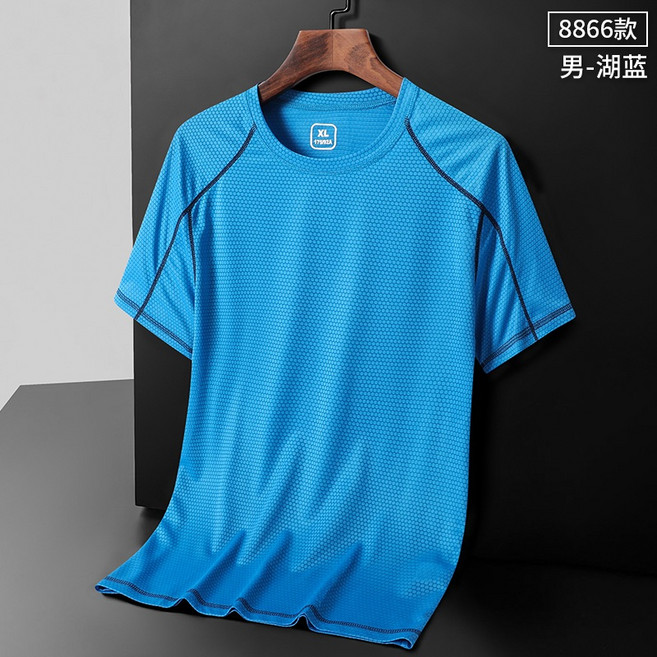 素面圓領排汗衫, 普通款-男湖藍,3XL(80-90升級77-85KG)