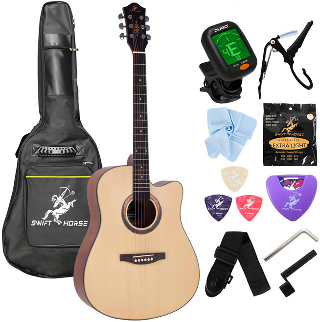 스위프트홀스 드레드넛 컷어웨이 바디 입문용 통기타 + 구성품 10종, BL381, 혼합색상, 1세트