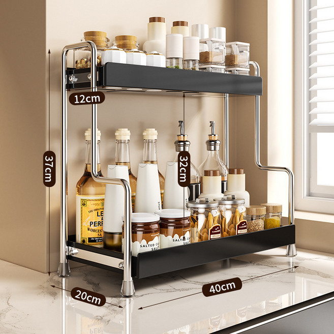 不鏽鋼廚房調料架雙層家用檯面調味品鹽置物架窄小多功能收納架, 1個, 黑色.大號:如图