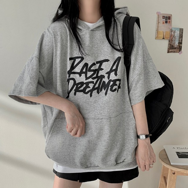 핏예쁜 힙한 드림 레터링 프린팅 빅사이즈 오버핏 반팔 후드티