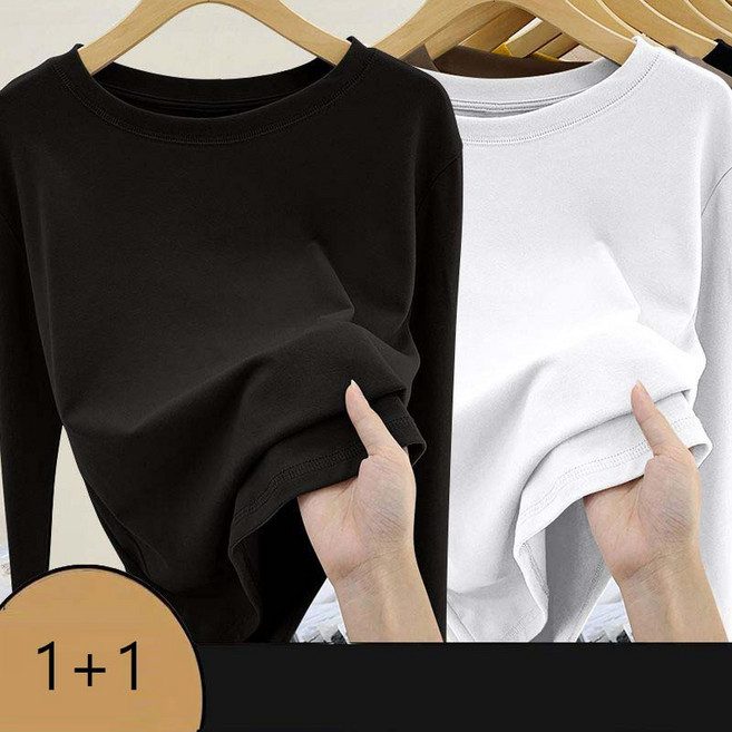 1+1 여자 기모 티셔츠 빅사이즈 슬림핏 라운드넥 기모 긴팔티 2매입 가을 겨울 여성 긴팔 티셔츠 CJJ