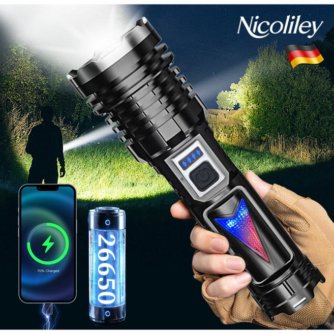 Nicoliley 초강력 후레쉬 손전등 1.5km LED 줌 라이트 충전식, 블랙, 1개