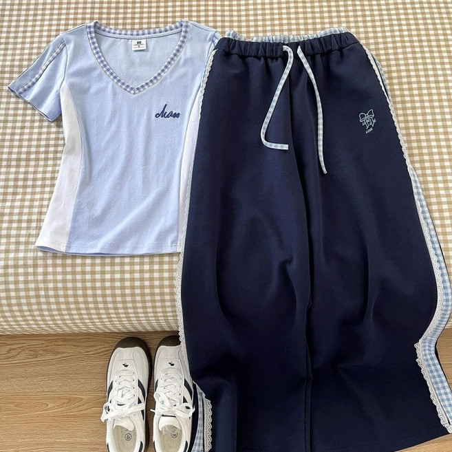 해피유통 패셔너블하고 편안한 여성 캐주얼 세트 V넥 반팔 티와 하이웨이스트 운동바지 디자인14세 이상