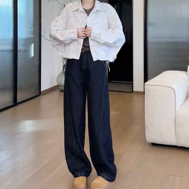 SAHINER 겨울 여성 트렌디 하이웨이스트 와이드핏 기모안감 데님팬츠 ANZ80