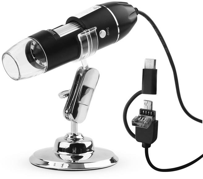 USB 전자 현미경 1600배 C타입 장착 스마트폰 카메라 연결 3in1 고배율 확대경, 1세트, 블랙