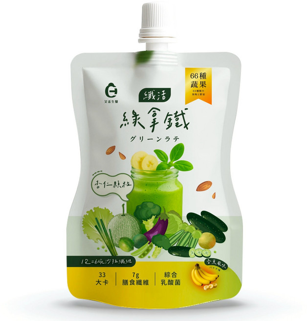 艾禾生醫 纖活綠拿鐵 (香蕉風味) 66種蔬果精華 7g膳食纖維 綜合乳酸菌, 12公克, 1個