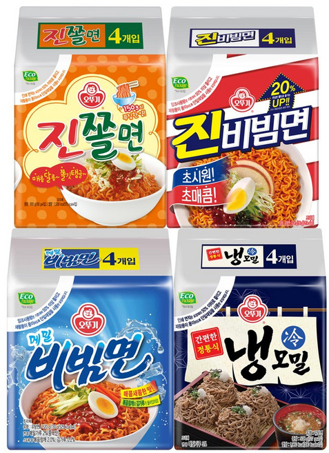 오뚜기 진비빔면 (156gx4) 1개+진쫄면 (150gx4) 1개+메밀비빔면 (130gx4) 1개+냉모밀 (127gx4) 1개, 1세트