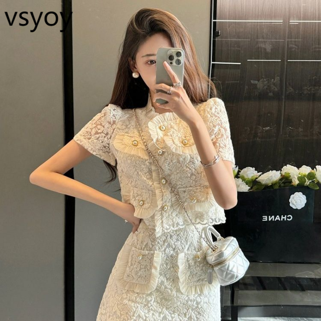 vsyoy 여성 여름 우아한 서양 스타일 레이스 탑 투피스 치마