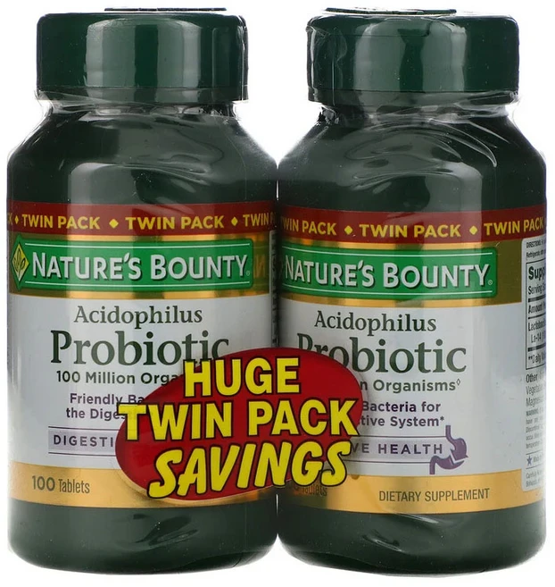 Nature's Bounty 네이쳐스 바운티 애시도필러스 프로바이오틱스 트윈 팩 각 100정 마그네슘 실리카 식물성 스테아린산 함유, 1개 - 쿠팡