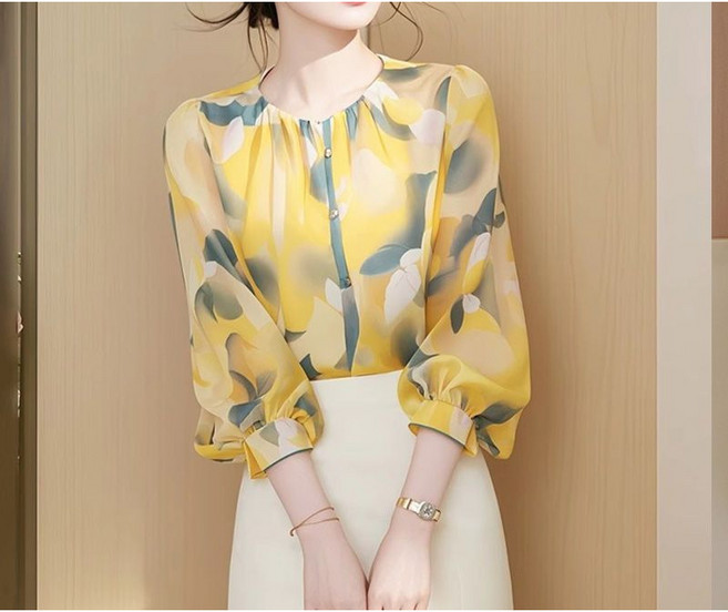Choyur여성 봄여름 꽃무늬 쉬폰 긴팔 블라우스 통기성 라운드넥 퍼프소매 디자인wjj
