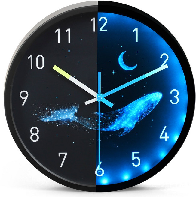 8무드 어둠감지 소리센서 LED 고래 수면등 무선 벽시계 / 야광 자동점등 무소음 인테리어 벽걸이 시계, 고래의 꿈