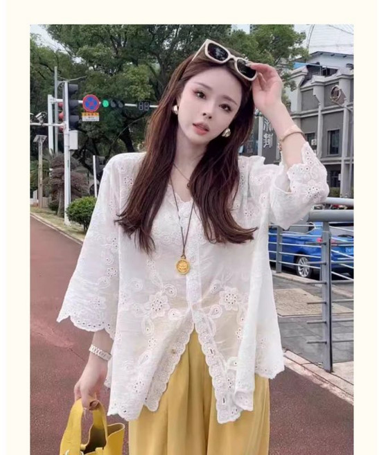 V領鏤空刺繡襯衫女裝寬鬆開衫外套上衣