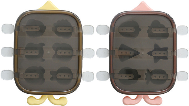 투데이리빙 2개입 세트 6구 실리콘 아이스크림 몰드 음료 초콜렛 젤리 트레이 만들기 귀여운 동물 과일 모양 아이스크림틀, 2개, R98746A(옐로우+핑크