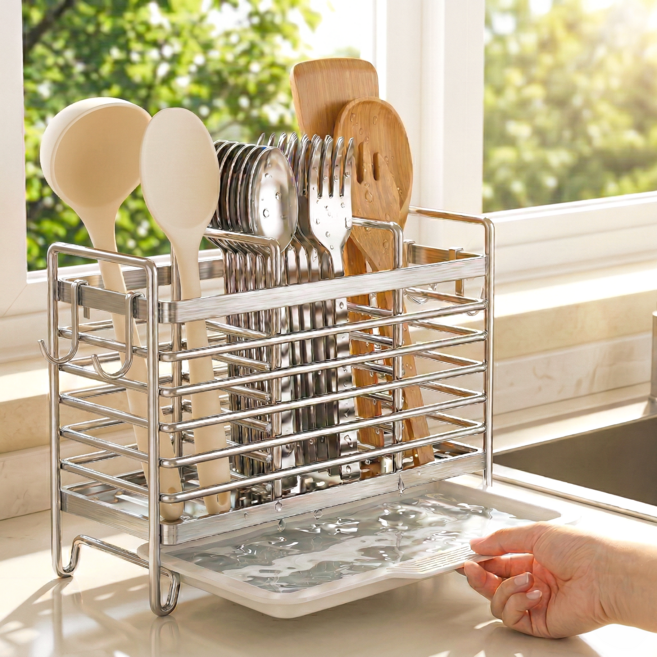 공온 스텐 3칸 분리 수납 물빠짐 트레이 수저통, 1개, 실버