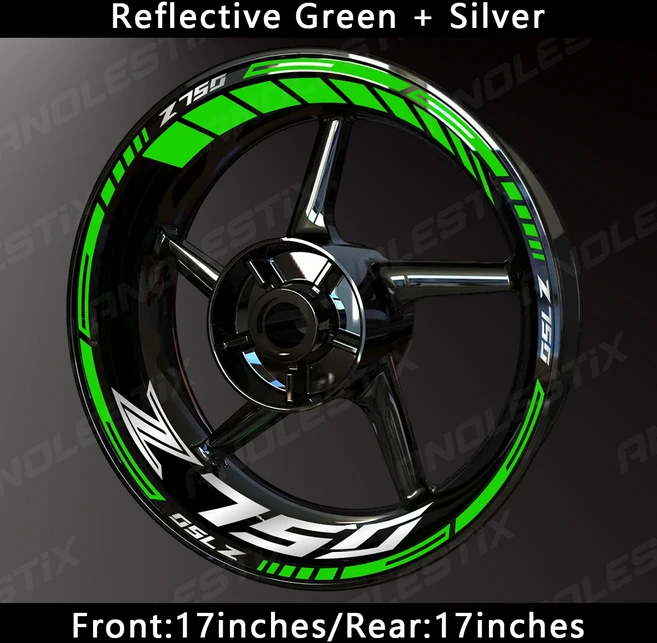Z750용 AnoleStix 반사 오토바이 휠 스티커 허브 데칼 림 스트라이프, 03 Green Silver