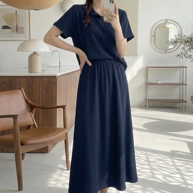 데일리앤 소렌디 꾸안꾸 투피스 캡소매 카라 반팔 롱 플레어 스커트 상하 세트