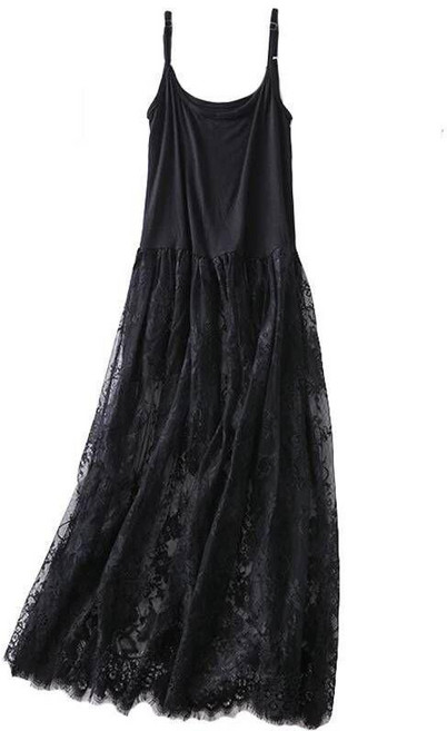 大碼蕾絲吊帶長裙 夏季新款無袖外穿, 黑色 吊帶有內襯》,2XL 140-160, 黑色