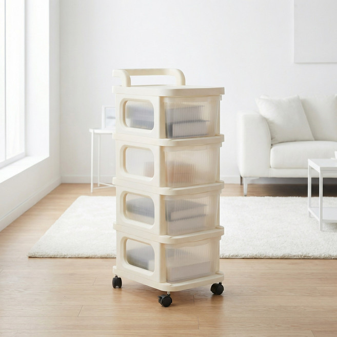 리빙코아 이동식 트롤리 카트 수납 선반 다용도, 화이트, 4단