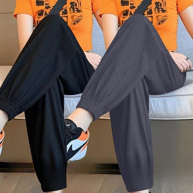 (특가상품) 150kg까지 빅사이즈 1+1 여성 아이스 하이웨이스트 날씬해보이는 조거팬츠 바지 여름 편한 일자 캐쥬얼 입체 스트라이프 디자인 모던 심플 데일리 얇은 쿨원단 팬츠