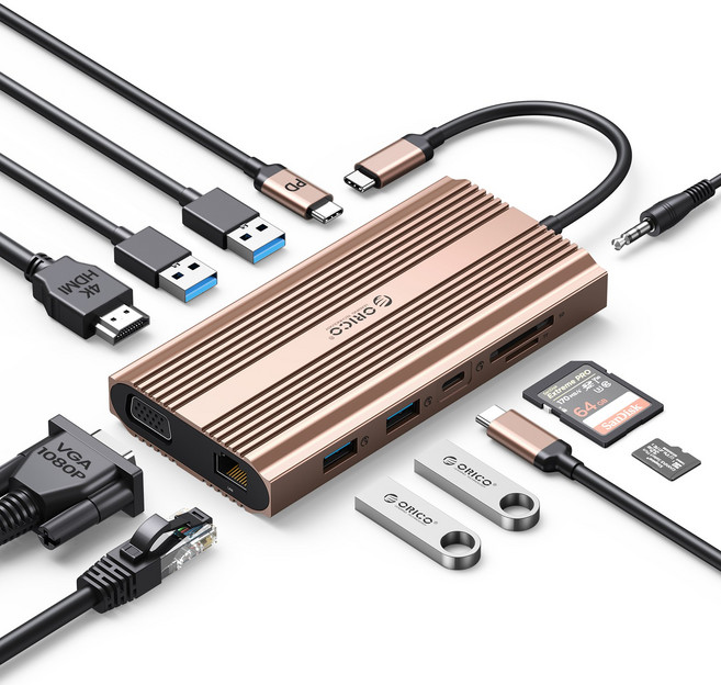 오리코 C타입 12in1 PD100W 충전 HDMI VGA 이더넷 노트북 멀티허브 XDR-X22, 로즈 골드, 1개