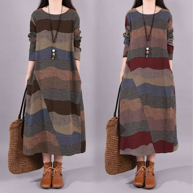 Asure 여자 빈티지 린넨원피스 스트라이프 루즈핏 라운드 롱원피스