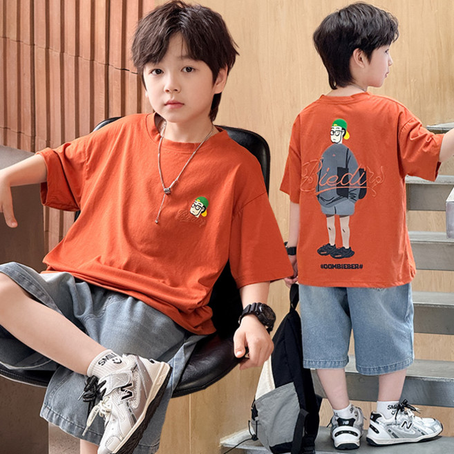 비비키드 남아 여름 안경남자 일러스트 상하복 주니어 세트 초중생 반팔티 초등생 데님 반바지 세트 (7339)