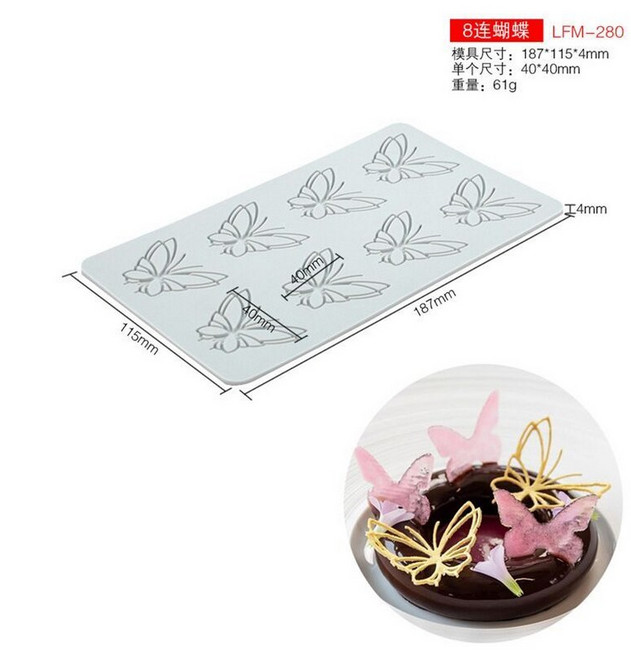 나비 튀일몰드 베이킹 크리스피 초콜릿 가니쉬 연삭 설탕 나뭇잎 실리콘 몰드, 3. 나비 8마리, 1개