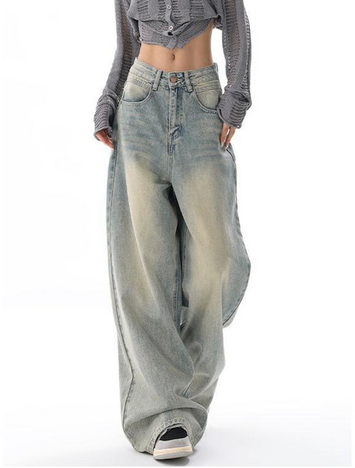 BIKASU 여성 컴포터블 워싱 와이드 청바지 캐주얼 스판 하이웨이스트 데님 팬츠