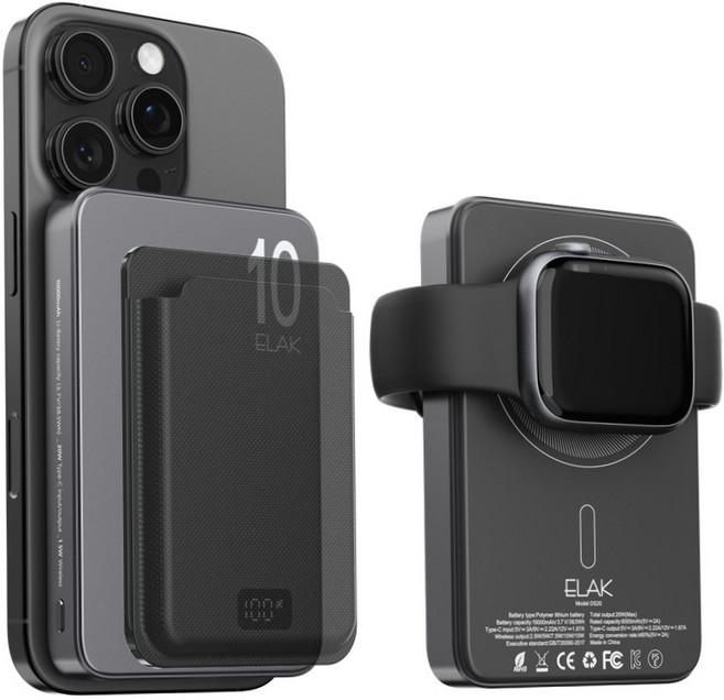 엘락 3in1 초슬림 초경량 무선 자석 맥세이프 고속 충전 5000mAh 보조배터리 에어팟충전 애플워치충전, 10,000mAh / 티타늄블랙