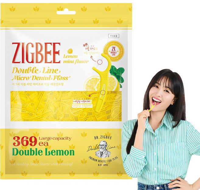 지그비 마이크로 더블라인 두줄 치실 여배우 Pick 레몬민트향, 1세트, 369개입, 8cm