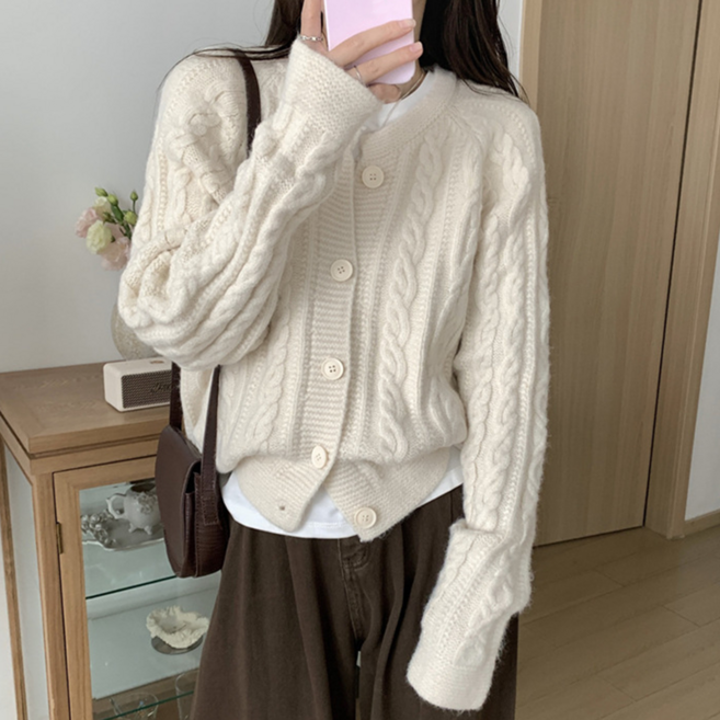 NUNUHANA 여성 라운드넥 루즈핏 꽈배기 니트 가디건