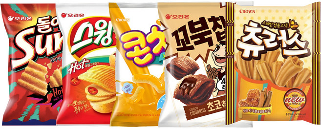 오리온 크라운 인기스낵 5종(돌아온썬+스윙칩+콘치+꼬북칩초코츄러스+츄러스), 1세트, 아온썬+스윙칩+콘치+꼬북칩초코츄러스+츄러스