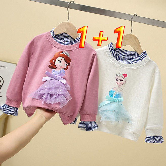 1+1 여아 맨투맨 봄 가을옷 상의 아동복 패션 루즈핏 엘사 캐릭터 상의 긴팔 셔츠 티셔츠 어린이