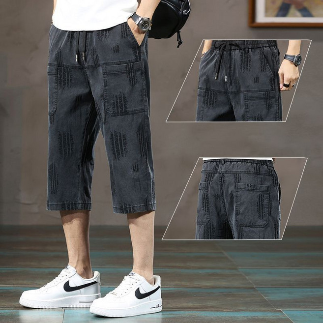 여름 남성 빅사이즈 7부 포켓 팬츠 캐주얼 얇은 트레이닝 7부바지 냉감 스판 카고 팬츠 SYW