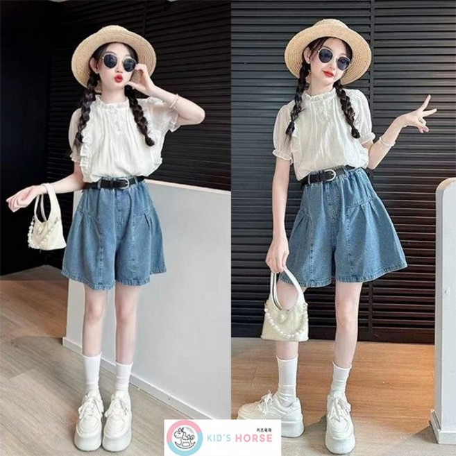 키즈목마 여아용 여름 주니어 상의 하의 세트 초중생 넥 프릴 블라우스 데님 4부 팬츠 상하세트 916