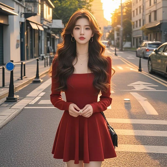 봄 가을 여성 긴팔 원피스 빈티지 스퀘어 미니 원피스 빅사이즈 허리 조임 a라인 여자 미니 원피스 CJJ