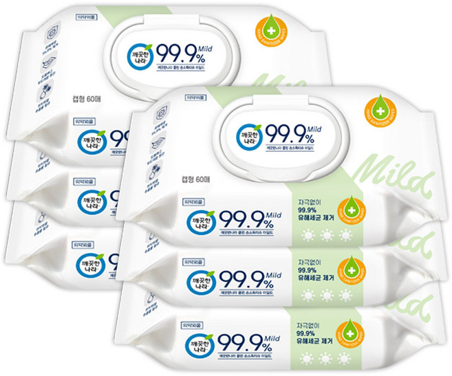 깨끗한나라 클린 손소독 물티슈 마일드 캡형 60매, 6개