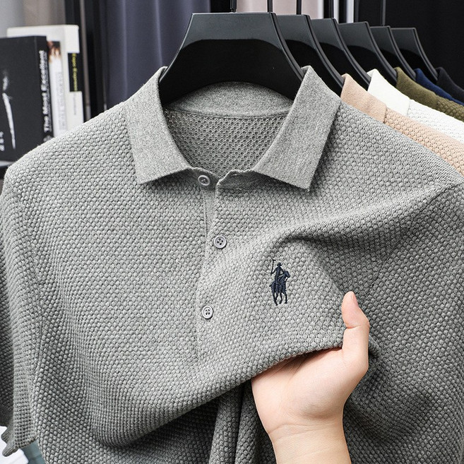 남성 폴로 셔츠 여름 파인애플 무늬 순면 자수 터틀넥 반팔 티셔츠