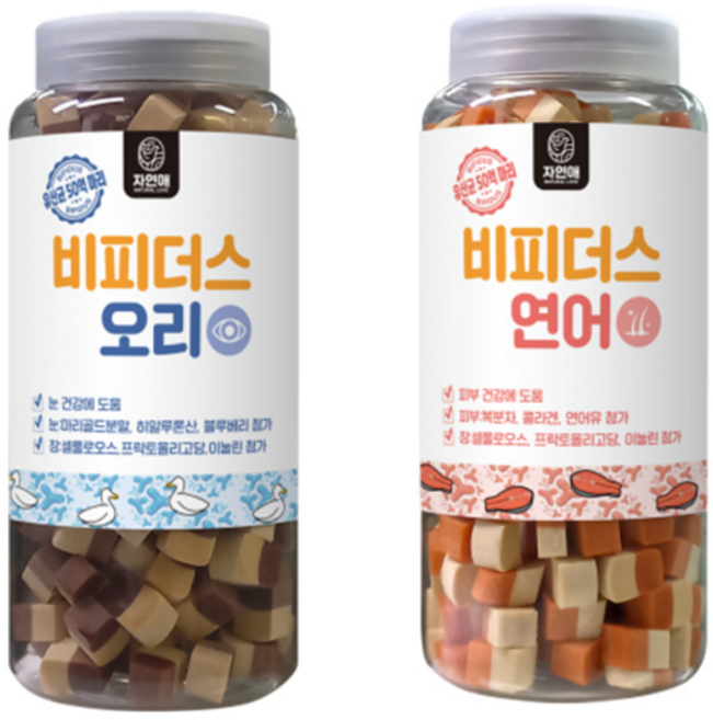 자연애 비피더스 트릿 2종 오리 연어 트릿 유산균 소프트 노즈워크 간식 500g, 1세트