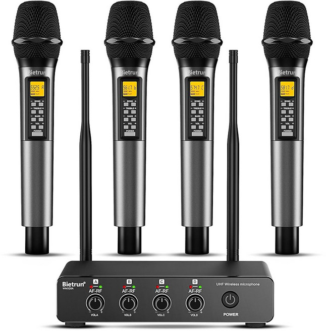 Bietrun 4채널 무선 마이크 에코 트레블 베이스 포함 160피트 UHF 범위 XLR 4인치 출력 결혼식 교회 노래방 노래 DJ 자동 연결 위한 메탈 핸드헬드 다이내믹 시스템, 3 4-channel wireless microphon, Echo가 있는 4채널 무선 마이크