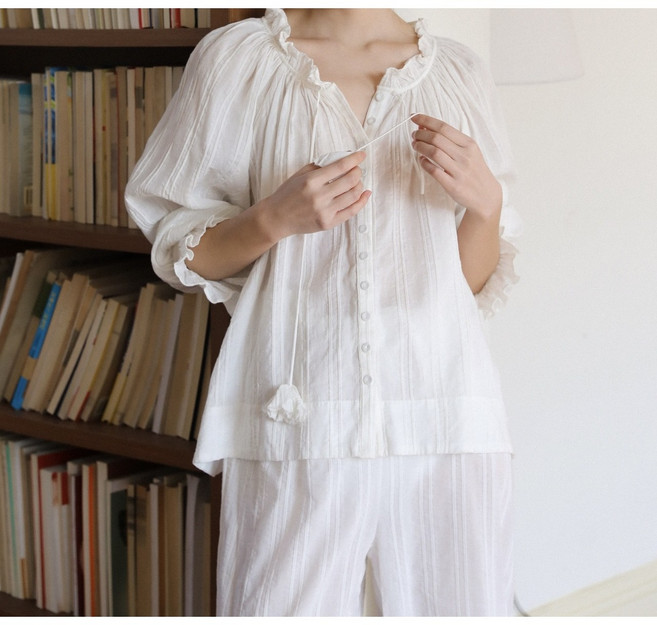 화이트 레이스 순면 긴팔 루즈핏 잠옷 상하세트 파자마 편안한 여성 홈웨어 공주