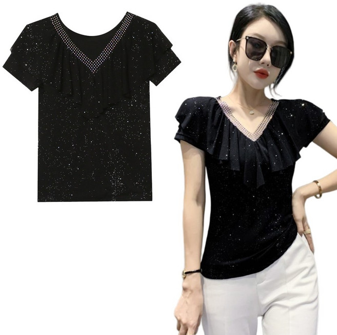 도나토르 여성 브이넥 쉬폰 프릴 반짝이 댄스복, 블랙