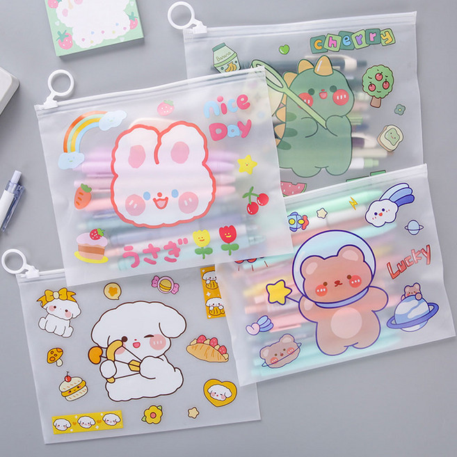 펀펀스마일 귀여운 캐릭터 PVC 슬라이딩 중형 반투명 지퍼백 파우치, 1세트, 20매