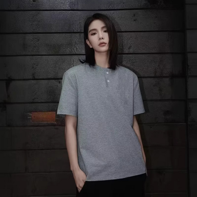 黑色亨利領正肩T恤男款夏季透氣涼感短袖POLO衫高街半袖, XL