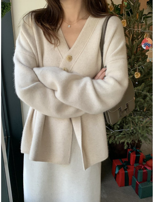 니트 크로스백 니트 여 브이넥 언발 조임 니트